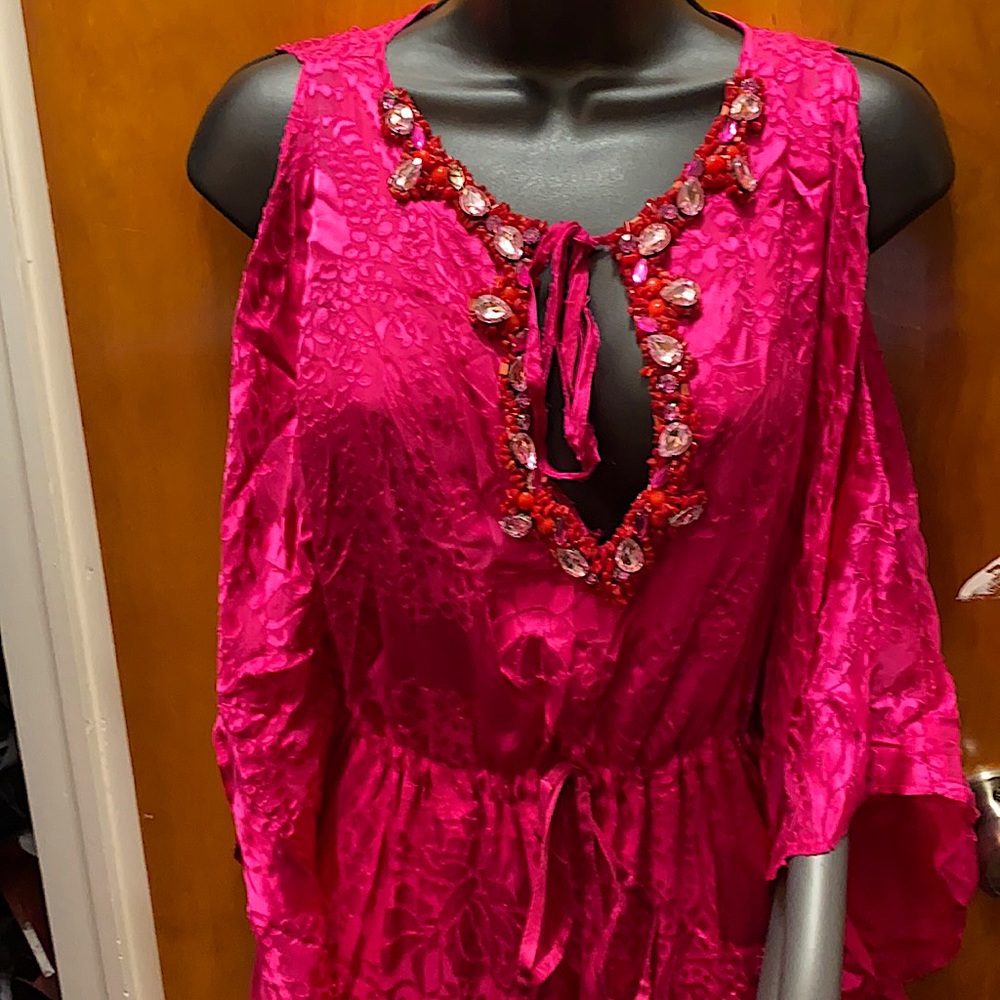 Maxi Fuchsia kaftan w/ beading at neck, & cut-out shoulder & waist cinch tie